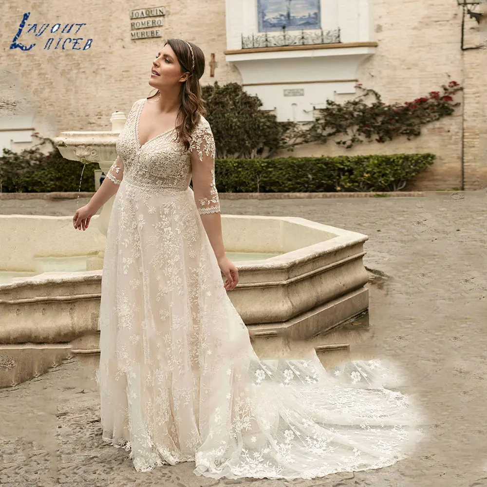 Top Trends: LAYOUT NICEB Exquisite Plus Size Three Quarter Sleeves Wedding Dresses Sexy Lace Applique Bride Gown Tulle Vestido De Novia 2024 Shoppable Styles