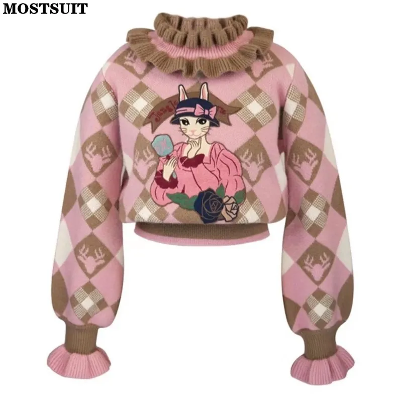 Top Trends: Pink Turtleneck Cartoon Embroidered Sweater Women Elegant Stylish Vintage Chic Pullover Tops 2024 Spring Long Sleeve Jumpers Shoppable Styles