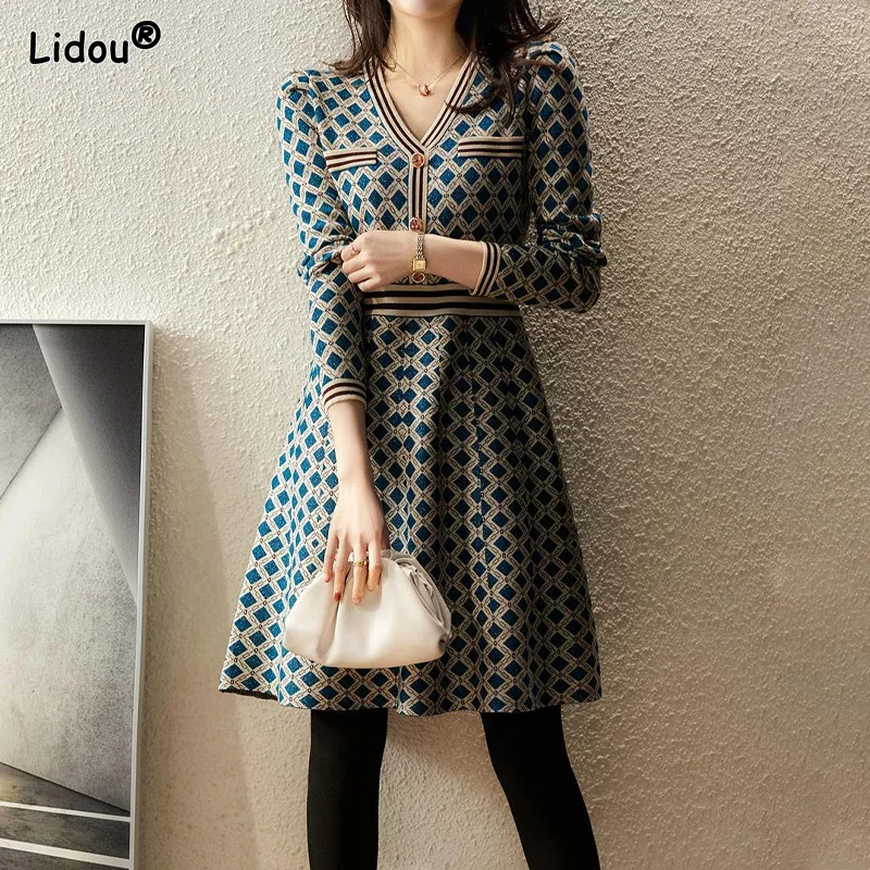 Top Trends: Vintage Spring Autumn Fashion New V-neck Button Slim Long Sleeved Dresses Elegant Geometric Slender A-line Skirt Women Clothing Shoppable Styles