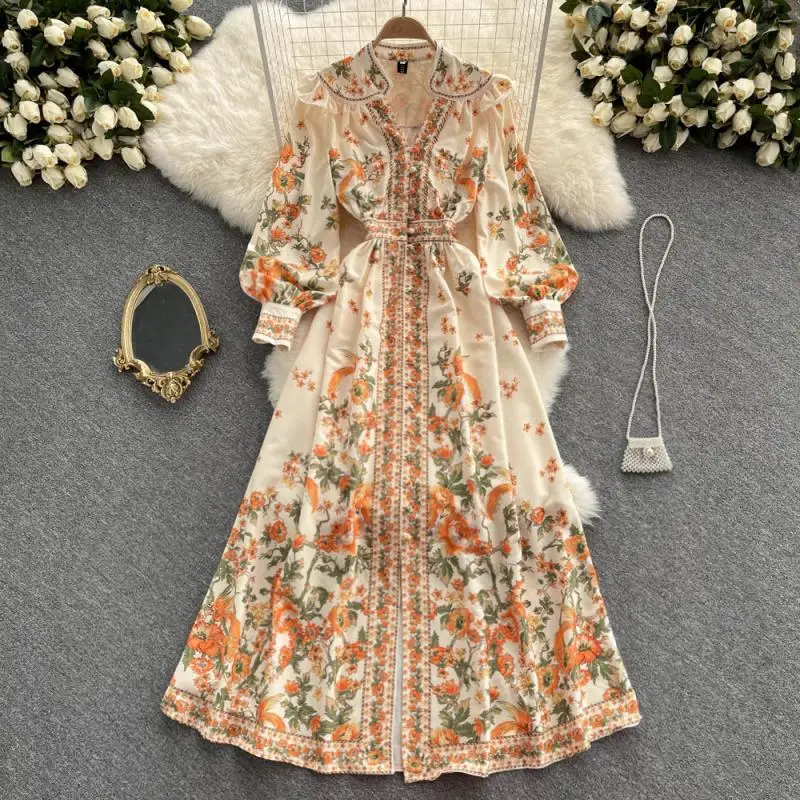 Top Trends: 2022 New Dress Autumn Vintage Chiffon Single Breasted Lady Full Dress A Line V Neck Puff Sleeve Mid-Calf Women Dresses Vestido Shoppable Styles