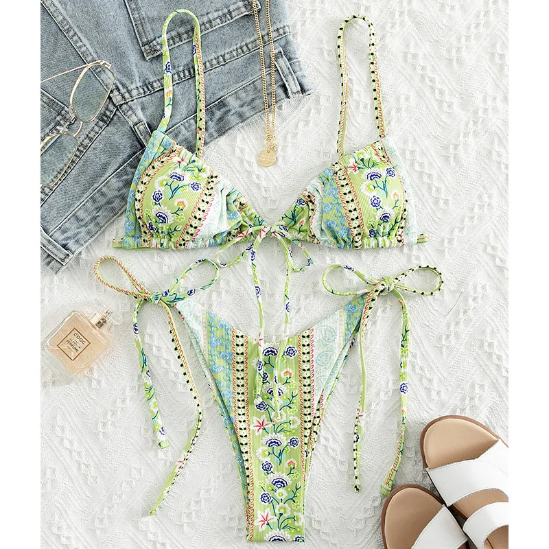 Top Trends: 2022 Floral Print String Bandage Bikini Set Swimwear Women Summer Sexy Push Up Bathing Suit Beachwear Halter Biqiuni Swimsuit Shoppable Styles