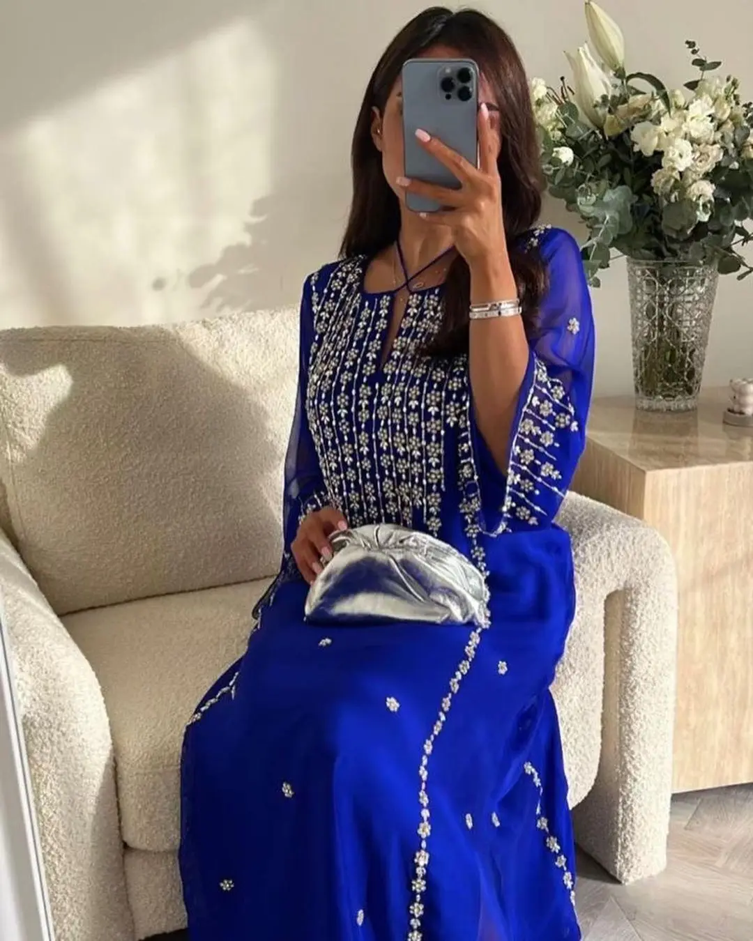 Top Trends: Royal Blue Chiffon Half Sleeves Beaded Prom Dresses Ankle Length Party Dresses Special Occasion Dresses Shoppable Styles