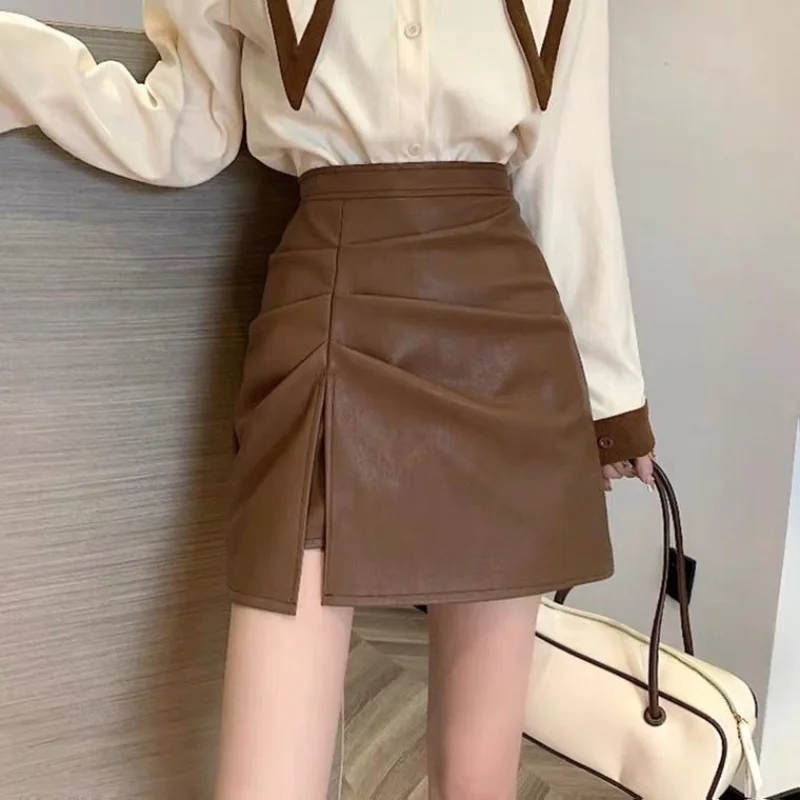 Top Trends: Trend Split Hem A-line Skirt Spring Autumn New High Waist Solid Zipper Pleated Wrap Hip Half Skirt Fashion Casual Women Clothing Shoppable Styles