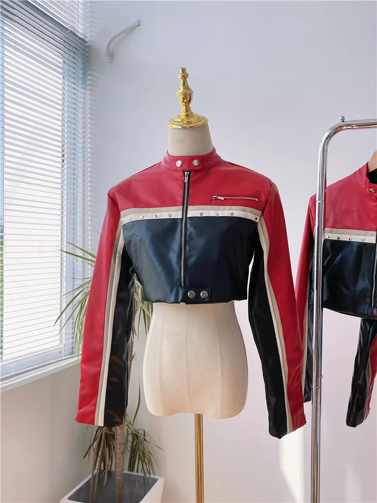 Top Trends: BULOCHOVA Patchwork Color Motorcycle Girls PU Leather Short Jacket Women Fashion Stand Neck Zipper Slim Thin Coat 2023 New Shoppable Styles