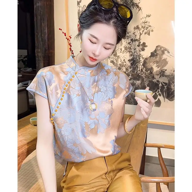 Top Trends: Silk Women&#039;s Shirts Summer 2023 New Print Chinese Style Blouses Loose Short Sleeve O-Neck Top Satin Elegant Clothing YCMYUNYAN Shoppable Styles