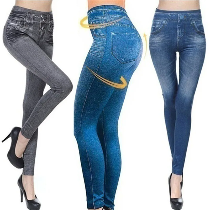 Top Trends: Women Gym Leggings Fake Pockets High Waist Leggings Faux Denim Jeans Sexy Elastic Jeggings Soft Casual Pencil Pants Dropshipping Shoppable Styles