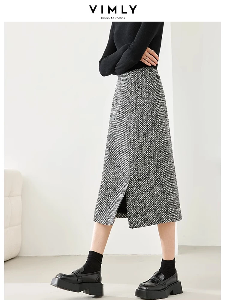 Top Trends: Vimly French Style Wool Blend Black Striped Skirts 2023 Winter Quilted Thick Elastic Waist A-line Split Midi Skirt Female M3922 Shoppable Styles