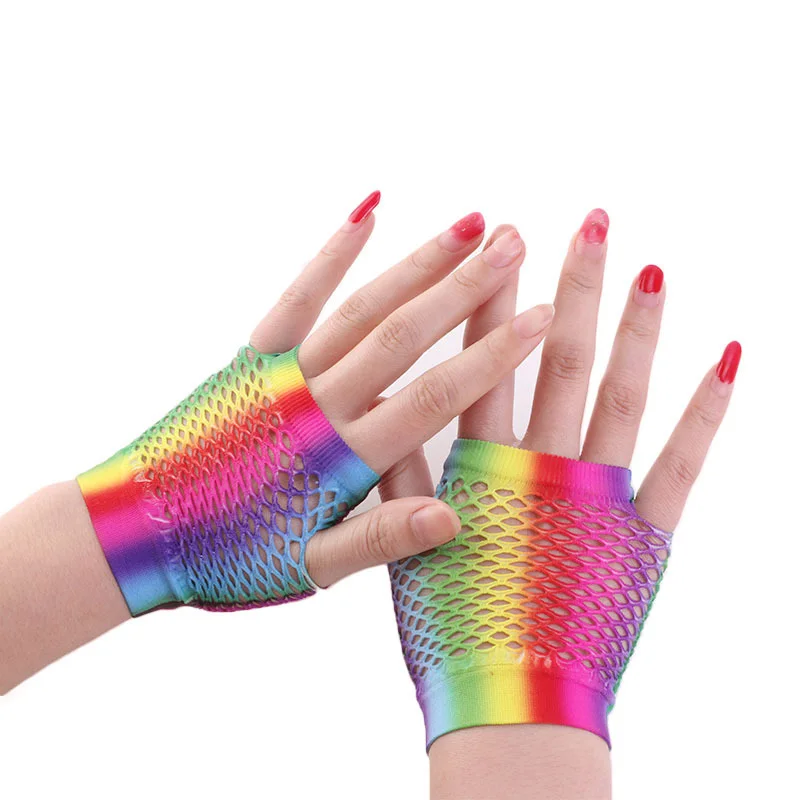 Top Trends: 1pair Rainbow Color Ladies Sexy Mesh Net Fishnet Gloves Women Hollow Out Holes Fingerless Gloves Lady Disco Dance Costume Mitten Shoppable Styles - Image 5