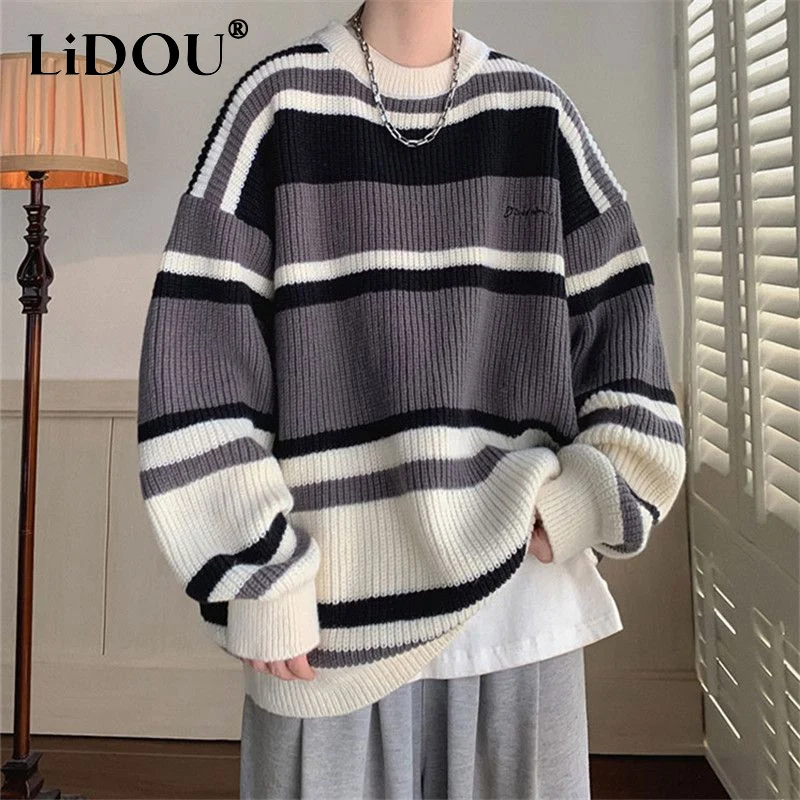 Top Trends: 2023 Autumn Winter New Round Neck Long Sleeve Embroidered Sweater Men Fashion Contrast Color Striped Loose Casual All-match Tops Shoppable Styles