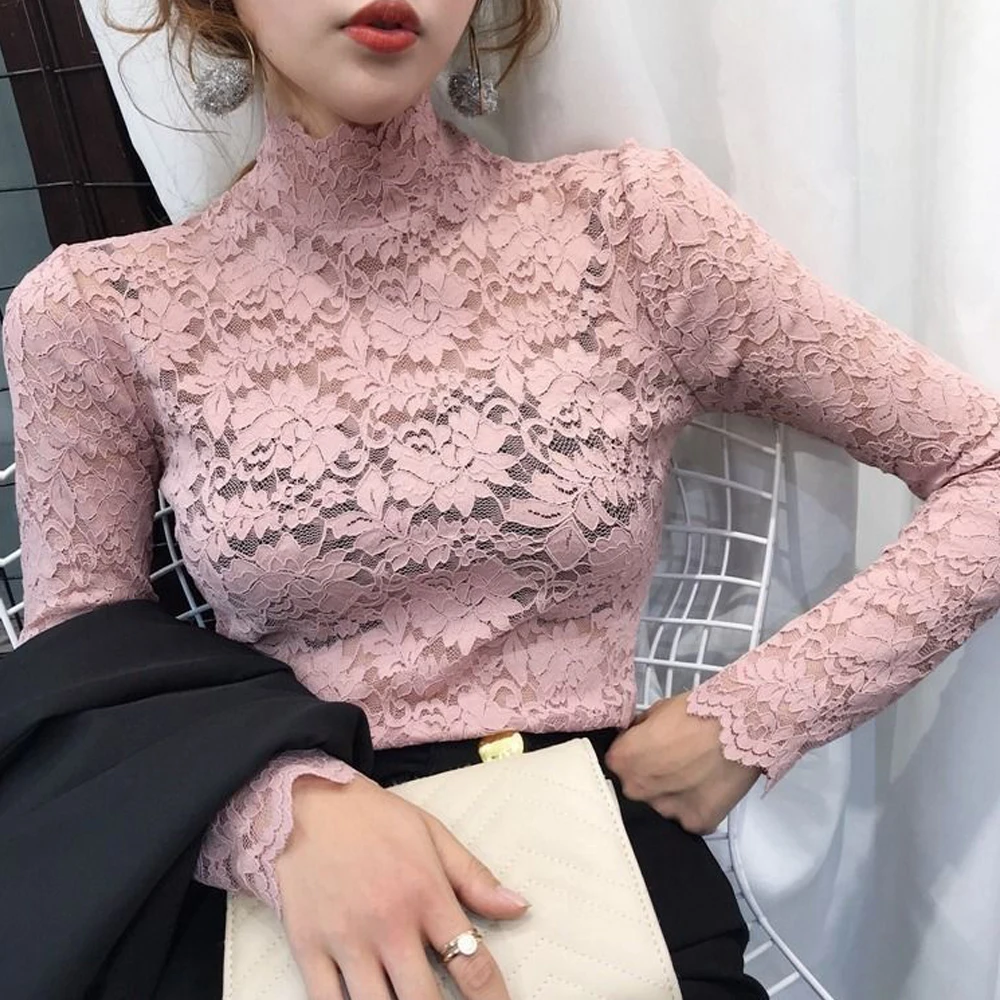 Top Trends: Women Stretch Turtleneck Petal Sleeve Shirt Women Blue Green White Black Flowers Lace T Shirt Ladies S-2XL Tops Fashion Ladies Shoppable Styles