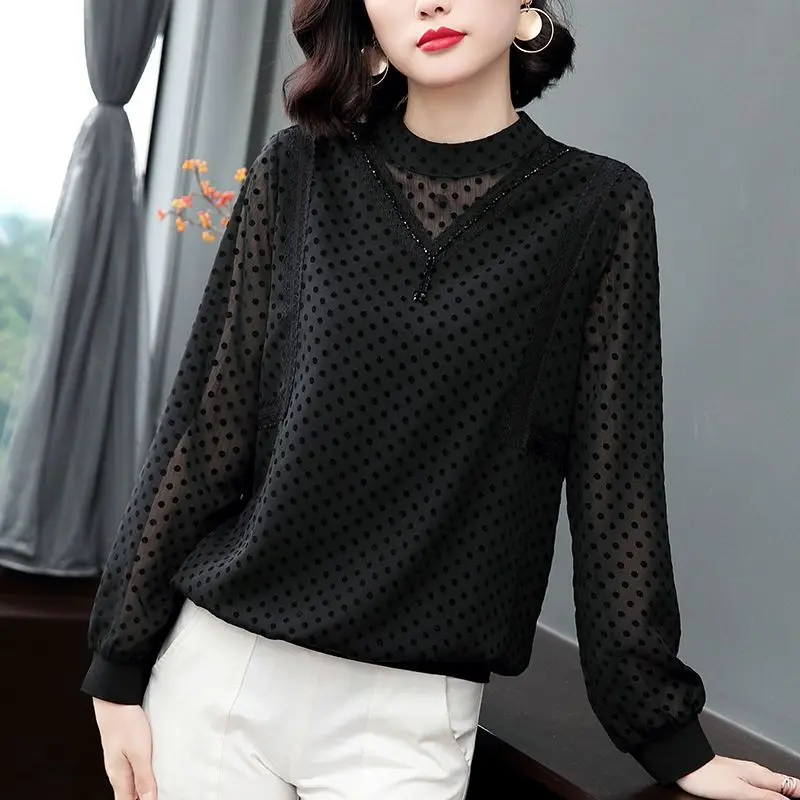 Top Trends: Commute Polka Dot Printed Blouse Fashion Beading Tassel Women's Clothing Lace Spliced Spring Autumn Casual Stand Collar Shirt Shoppable Styles