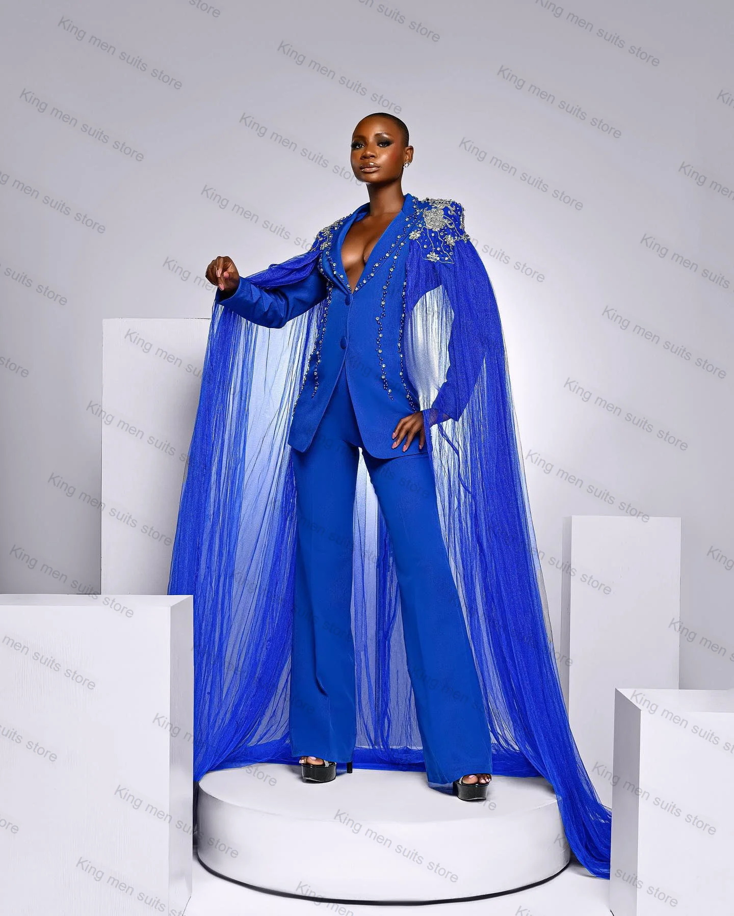 Top Trends: Crystals Blue Cape Women Suits Pants Set 2 Piece Office Lady Wrap Jacket Prom Dress Wedding Tuxedo Custom Made Jacket Outfit Shoppable Styles