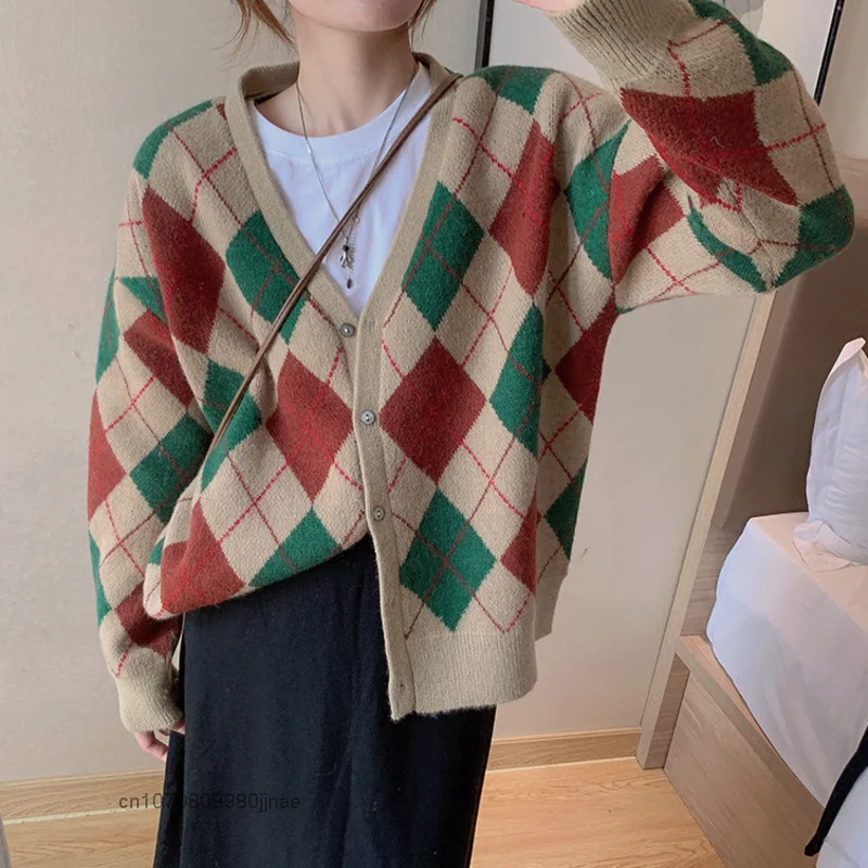 Top Trends: New Autumn Lattice Korean Fashion Knitwears Clothe Women Vintage Elegant All-match Cardigan Long Sleeve Casual Knit Sweater Tops Shoppable Styles