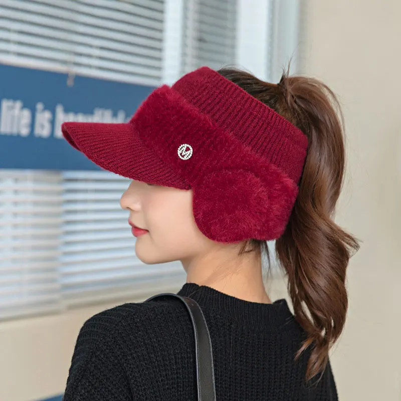 Top Trends: CNTANG 2022 New Autumn Winter Fashion Women's Knitted Fleece Hat Ladies With Earflaps Hats Empty Top Baseball Cap For Female Shoppable Styles