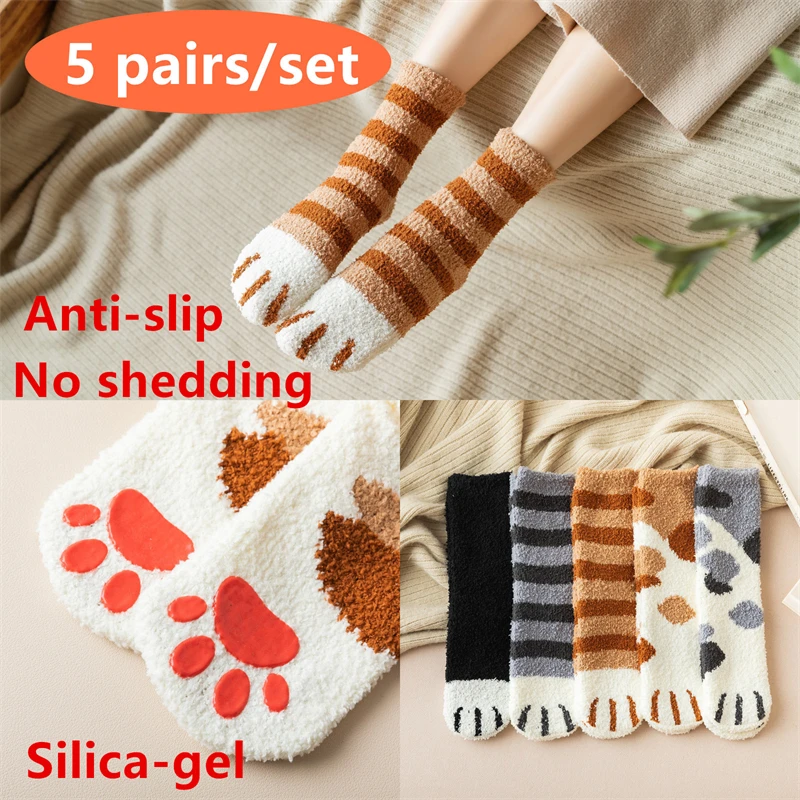 Top Trends: 5 Pairs Cat Paw Socks Women Winter Coral Fleece Pattern Thicken Cute Warm Stocking Silica-gel Anti-slip Kawaii Sleep Floor Socks Shoppable Styles