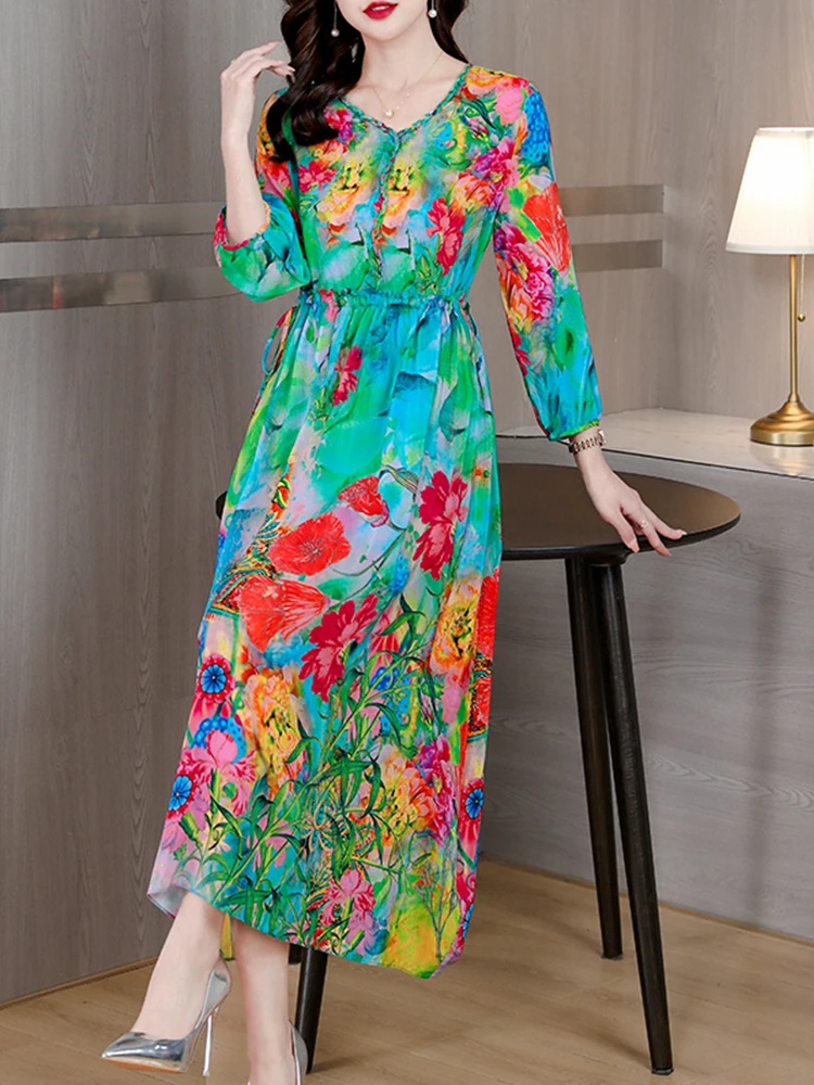 Top Trends: 2023 Women Midi Floral Silk Boho Dress Spring Summer Waist Elegant Light Fashion Chiffon Casual Butterfly Beach Festa Luxo Dress Shoppable Styles