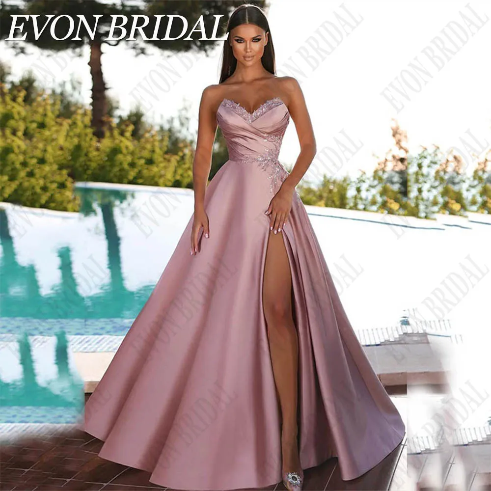 Top Trends: EVON BRIDAL Elegant Sleeveless Split Prom Dress Pink Satin A-line Party Evening V Neck Formal Long Luxury Floor Length فساتين ال Shoppable Styles