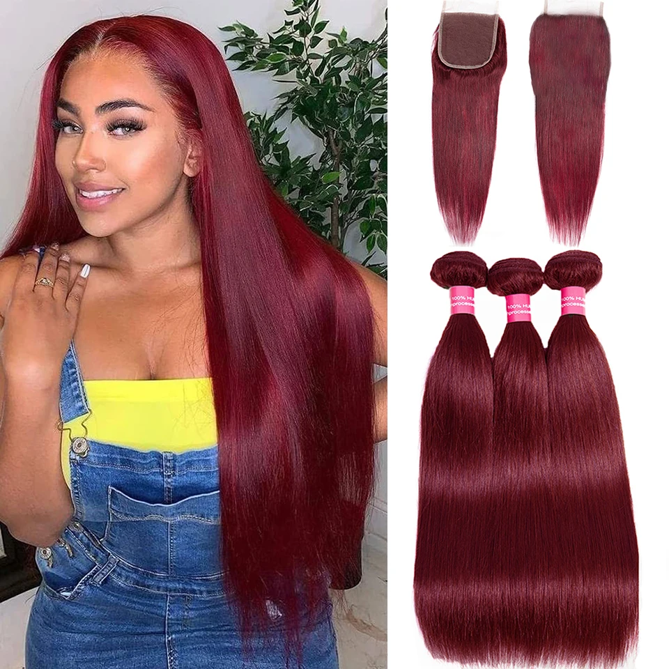 Top Trends: 99J Straight Bundles With Closure Reddish Brown Straight Human Hair Bundles With 4x4 Closure Free Part Orange Straight Hair Shoppable Styles