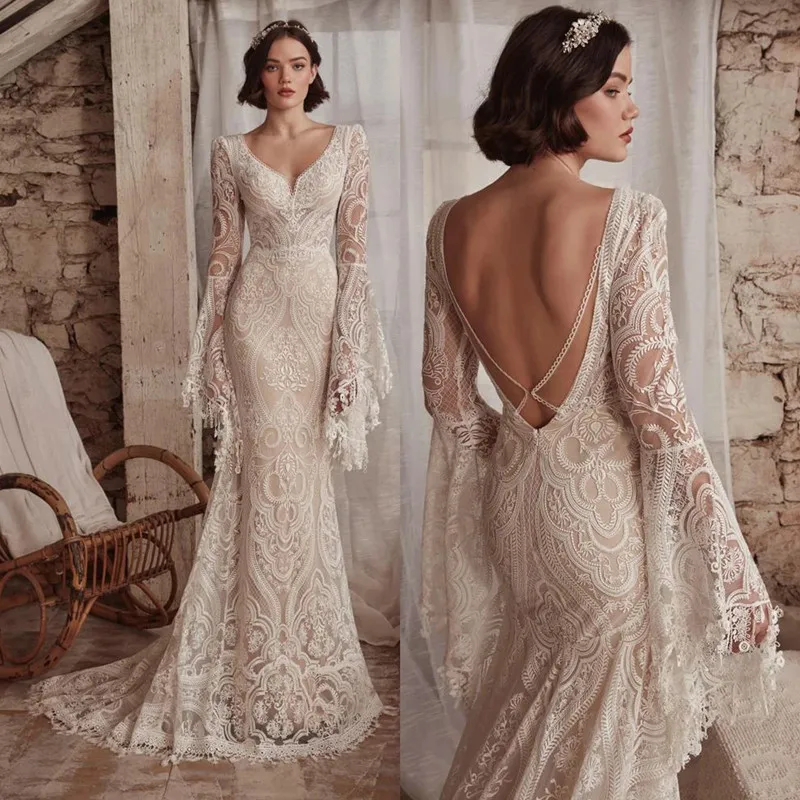 Top Trends: Boho Mermaid Wedding Dresses Long Sleeve Pleat Sexy Lace Illusion Bridal Gowns V-Neck Backless Zipper Sweep Train Vestidos 2024 Shoppable Styles