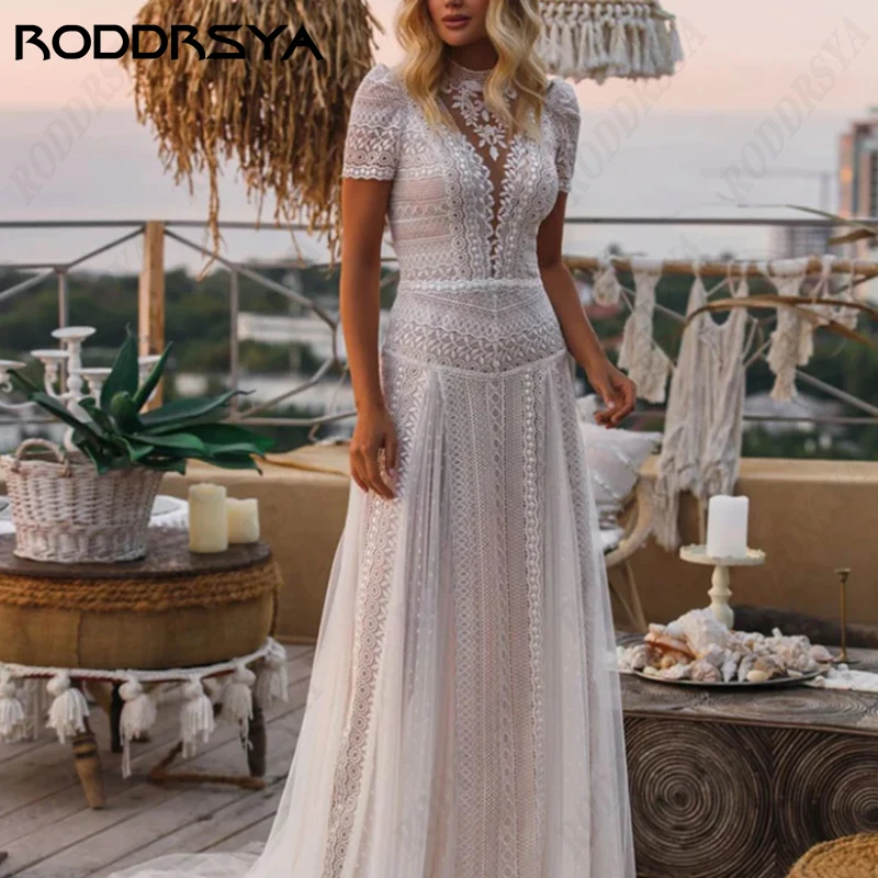 Top Trends: RODDRSYA Vintage High Neck Boho Wedding Dress Short Sleeves Lace Bohemian Bridal Gown A-Line Vestidos De Novia Beach Bride Party Shoppable Styles