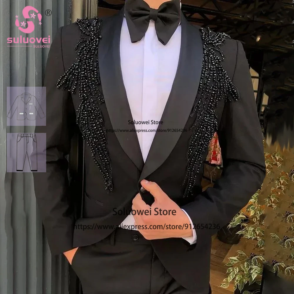 Top Trends: Luxury Beading Groom Wedding Tuxedo Suits For Men Slim Fit 2 Piece Pants Set Formal Dinner Party Blazer Terno Masculino Completo Shoppable Styles