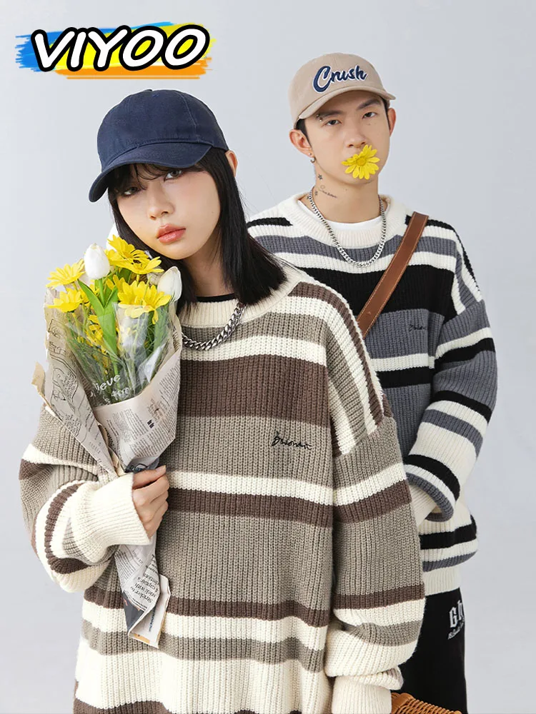 Top Trends: Men&#039;s Embroidery Knitted Sweater Pullover Striped Couple Women Winter Korean Fall Clothes 2023 Cold Blouse Tops Sweatshirts Shoppable Styles