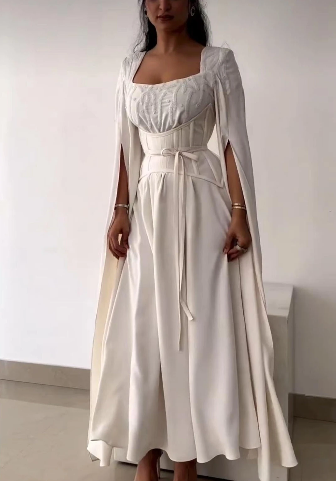 Top Trends: Saudi Arabia Elegant Evening Gowns Prom Dresses 2023 With Corset Square Neck Long Split Sleeves Elegant Evening Dresses Vestido Shoppable Styles