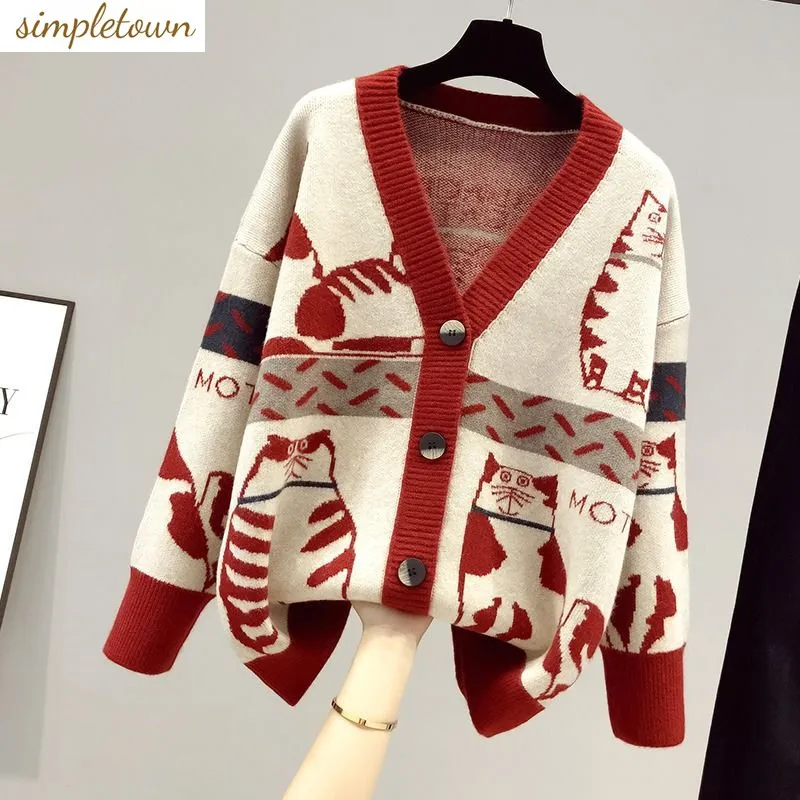 Top Trends: 2023 Spring And Autumn New Cartoon Contrast Color Fashion Sweater Women&#039;s V-neck Knitted Cardigan Coat Trend Shoppable Styles