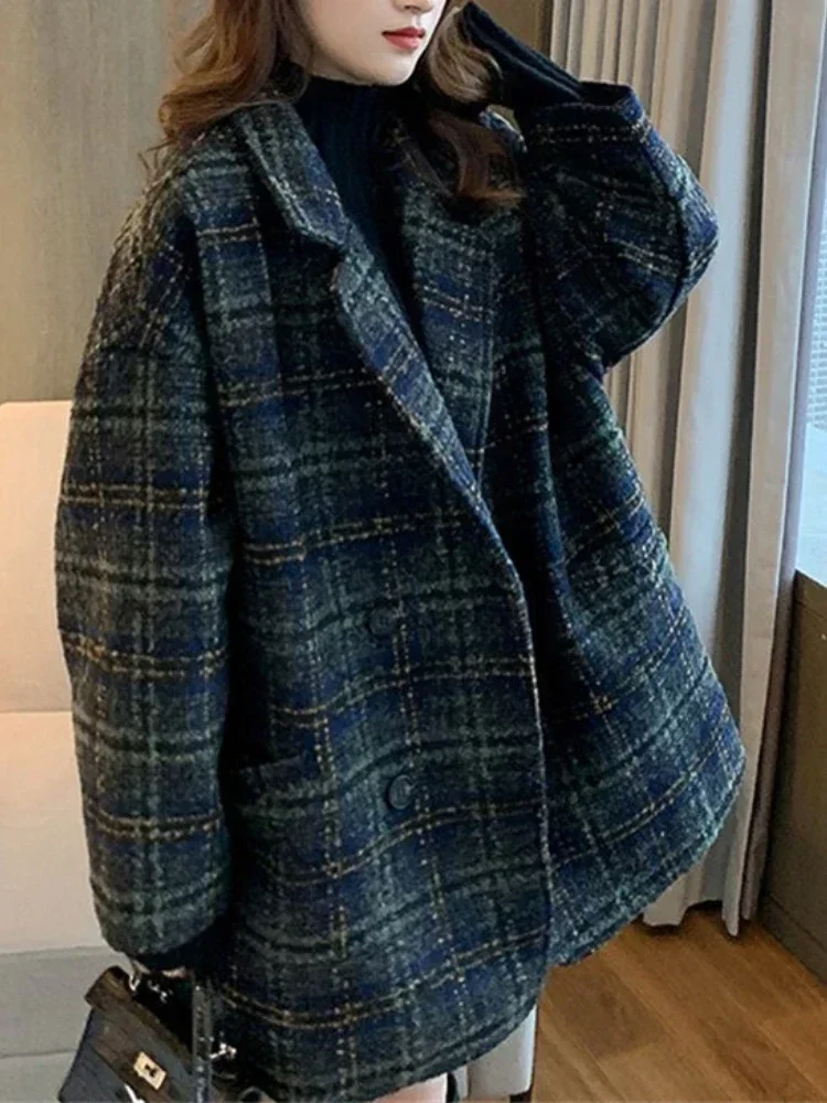 Top Trends: Women&#039;s Jacket Woolen Jacket Winter Korean Vintage Lattice Loose Top Tweed Jacket Double Breasted Turn Down Collar Women&#039;s Coat Shoppable Styles