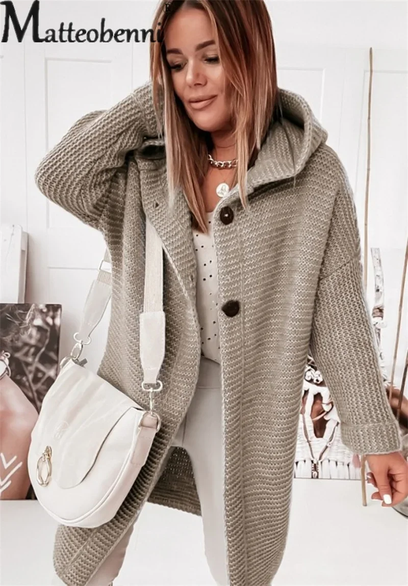 Top Trends: Autumn Winter Warm Two Buttons Cardigan Hooded Sweater Women's Thickened Knitwear Elegant Commuter Loose Long Jumpers Outerwear Shoppable Styles - Image 3