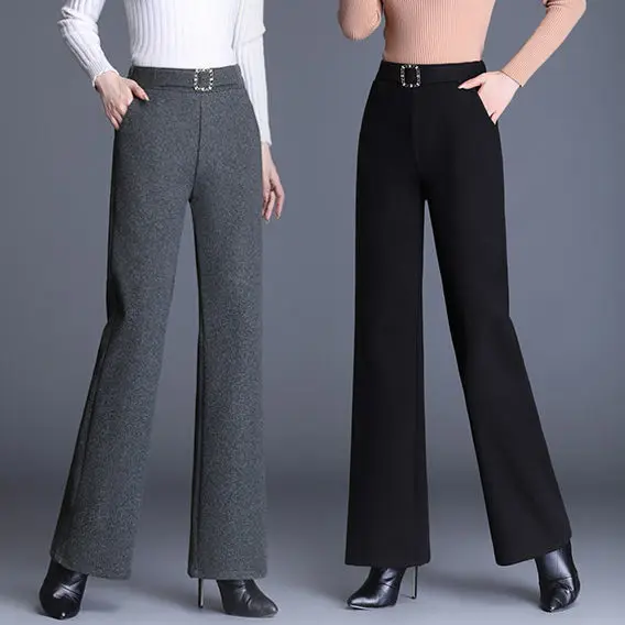 Top Trends: Office Lady Korean Fashion Wool Thicken Wide Leg Pants Autumn Winter Women Elastic Waist Loose Solid Casual Straight Trousers Shoppable Styles