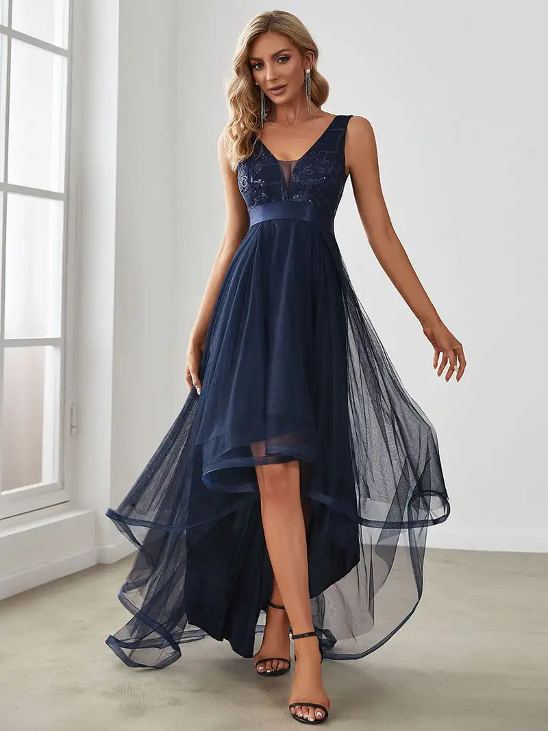 Top Trends: Elegant Evening Dresses Sleeveless High-Low V Neck Tulle 2024 Ever Pretty Of Prom Dresses With Navy Blue Sequin Appliques Gown Shoppable Styles