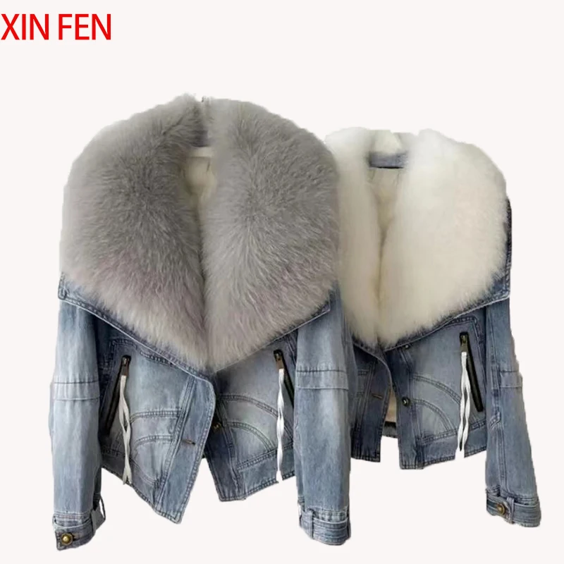 Top Trends: 2023 Winter Women New Luxury Natural True Fox Fur Big Collar Goose Down Denim Down Jackets Short Warm Casual Jacket Coat Shoppable Styles