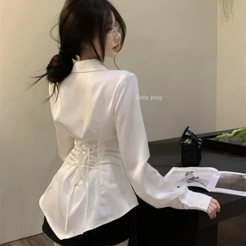 Top Trends: Deeptown White Shirt Fine Elegant Blouses For Women Korean Style Slim Long Sleeve Tops Female Sexy Office Ladies Autumn Fashion Shoppable Styles