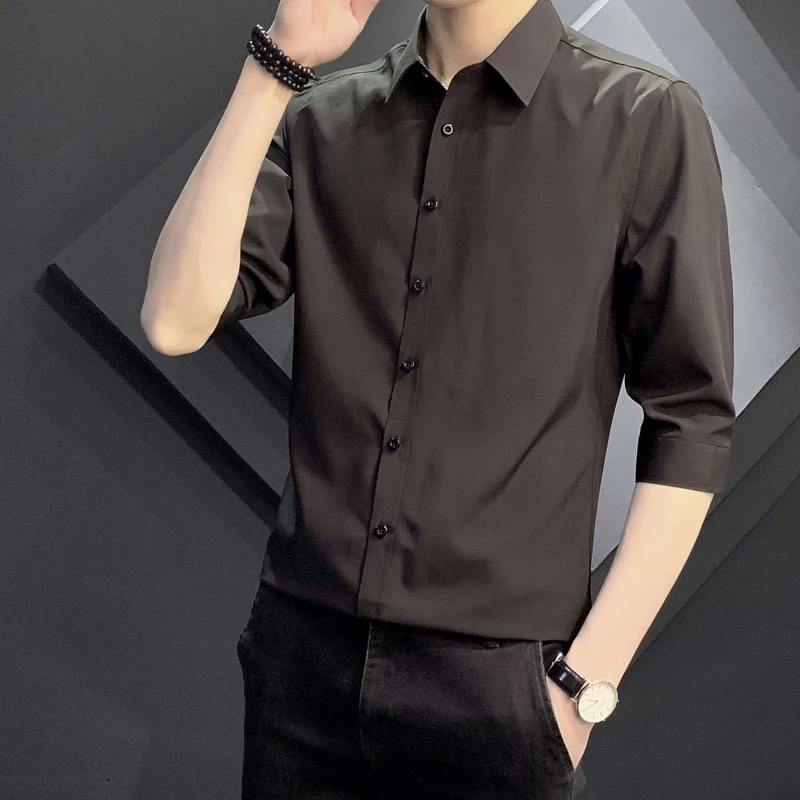 Top Trends: Temperament Office Solid Turn-down Collar Short Sleeve Shirts Button Fashion Business Casual Spring Summer Thin Men&#039;s Clothing Shoppable Styles