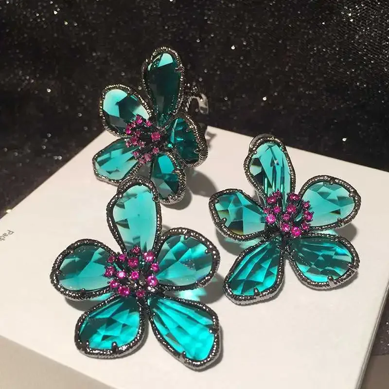 Top Trends: 2023 Vintage Dark Green Crystal Flower Stud Earrings Ring Jewelry Women Retro Femme Wedding Bridal Luxury Jewelry Bijoux Shoppable Styles