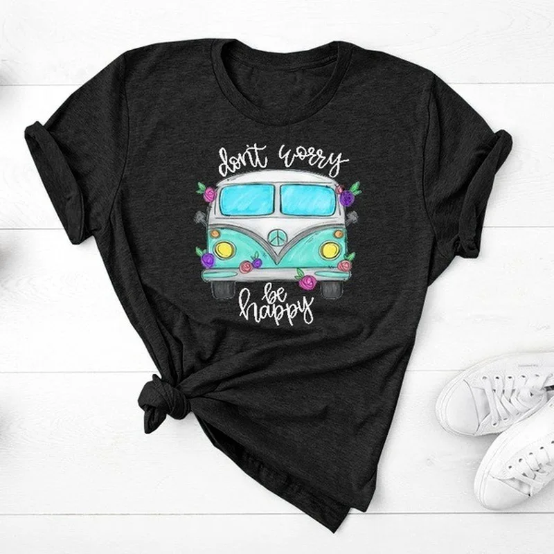 Top Trends: Be Happy Bus Print T Shirt Women Short Sleeve O Neck Loose Tshirt Summer Women Tee Shirt Tops Camisetas Mujer Shoppable Styles