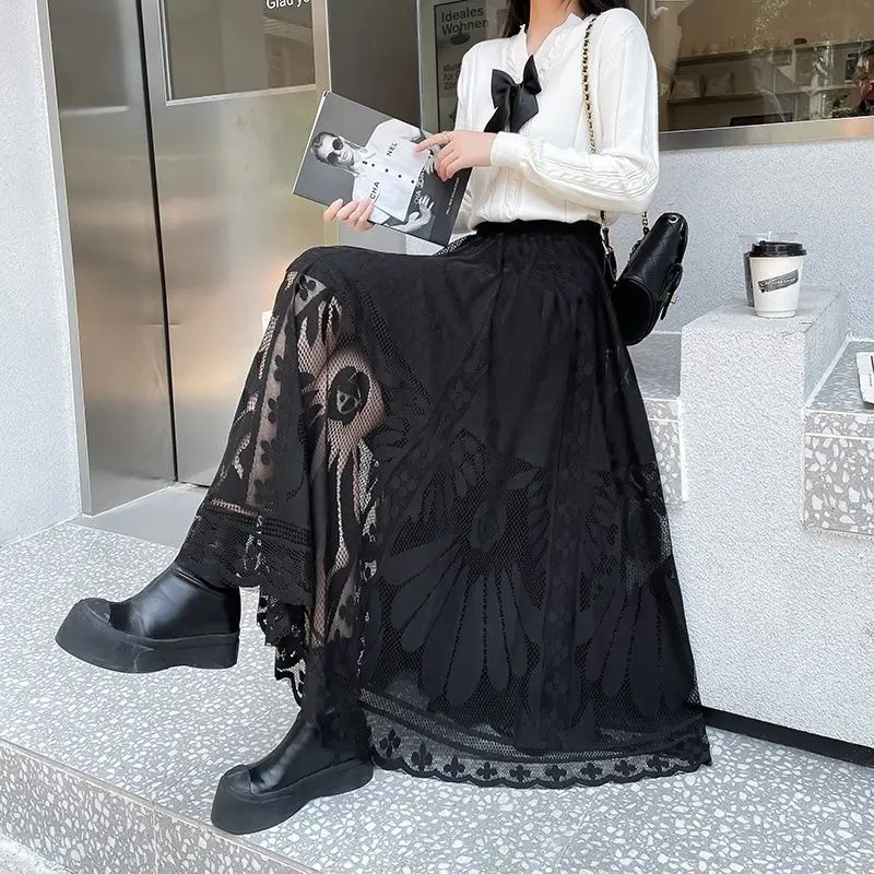 Top Trends: High Waist Black Big Skirt Spring Women's Lace Skirt Long Korean Loose All Match Pleated Skirt Shoppable Styles