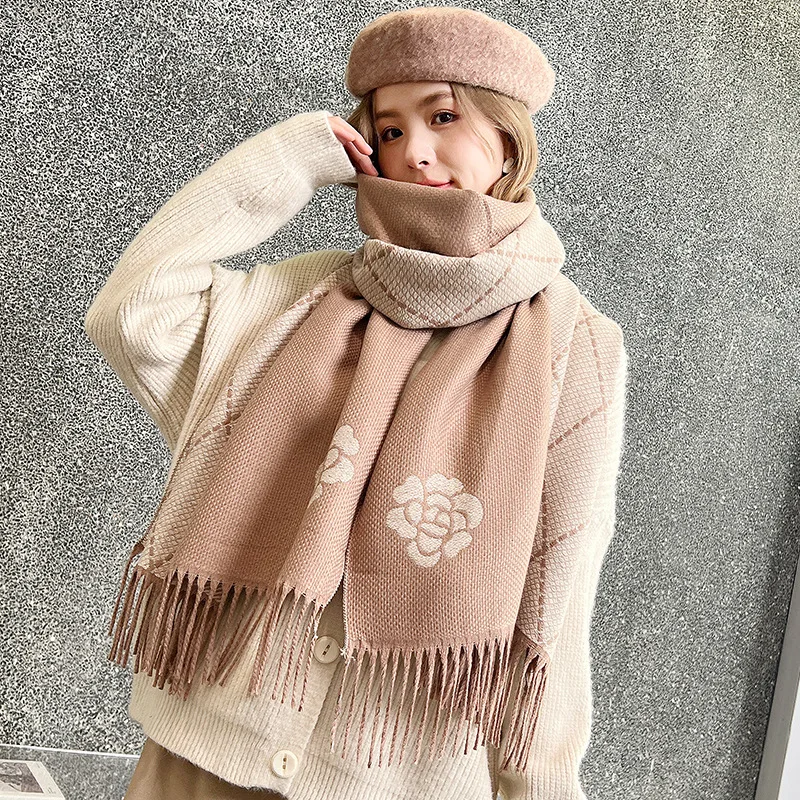 Top Trends: Double Side Women Winter Cashmere Scarf Luxury Camellia Printed Warm Neckerchief Pashmina Female Foulard Scarves Wraps Shoppable Styles - Image 2