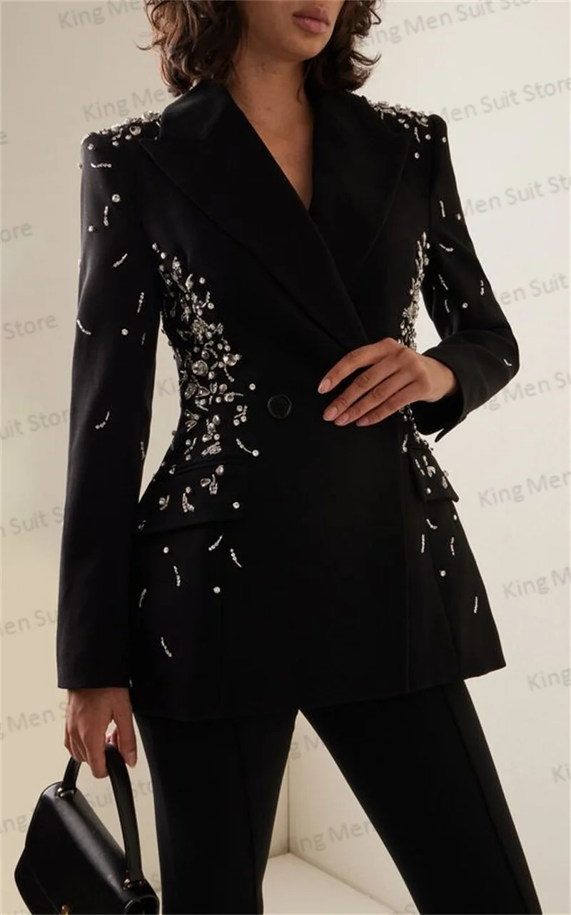 Top Trends: Luxury Crystal Black Women Suit Pants Set 2-Pieces Wedding Tuxedos Blazer+ Trousers Prom Dress Formal Office Lady Jacket Tailored Shoppable Styles