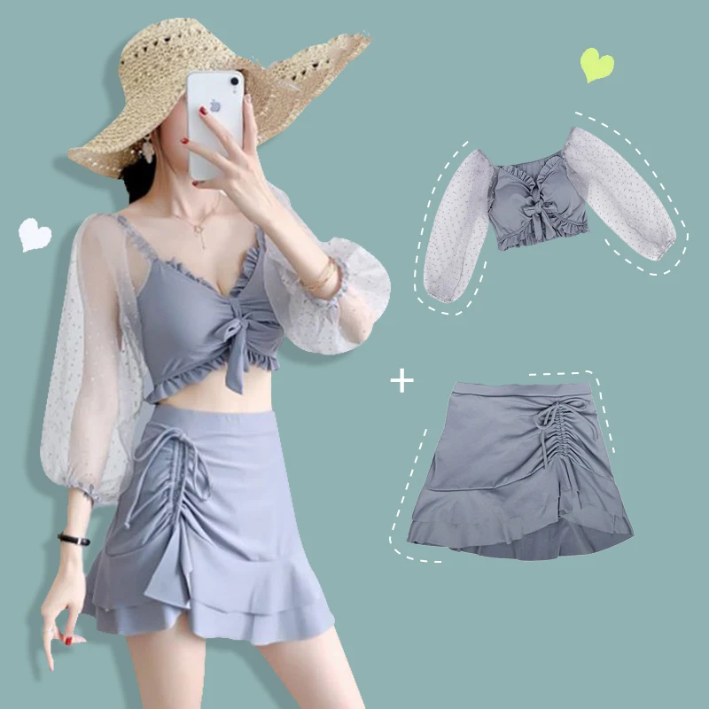 Top Trends: Skirt Style Y2K Split Body Swimsuit Elegant Fashion Harajuku Sexy Aesthetic Swimwear Three-quarter Sleeve Casual Swimsuits Women Shoppable Styles