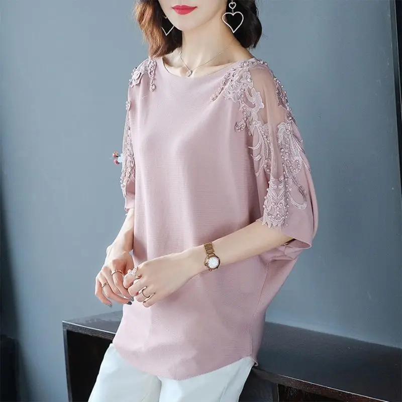 Top Trends: Fashion Lace Hollow Out Beading Embroidery Batwing Sleeve Blouse Women Clothing 2023 Spring New Oversized Casual Tops Chic Shirt Shoppable Styles