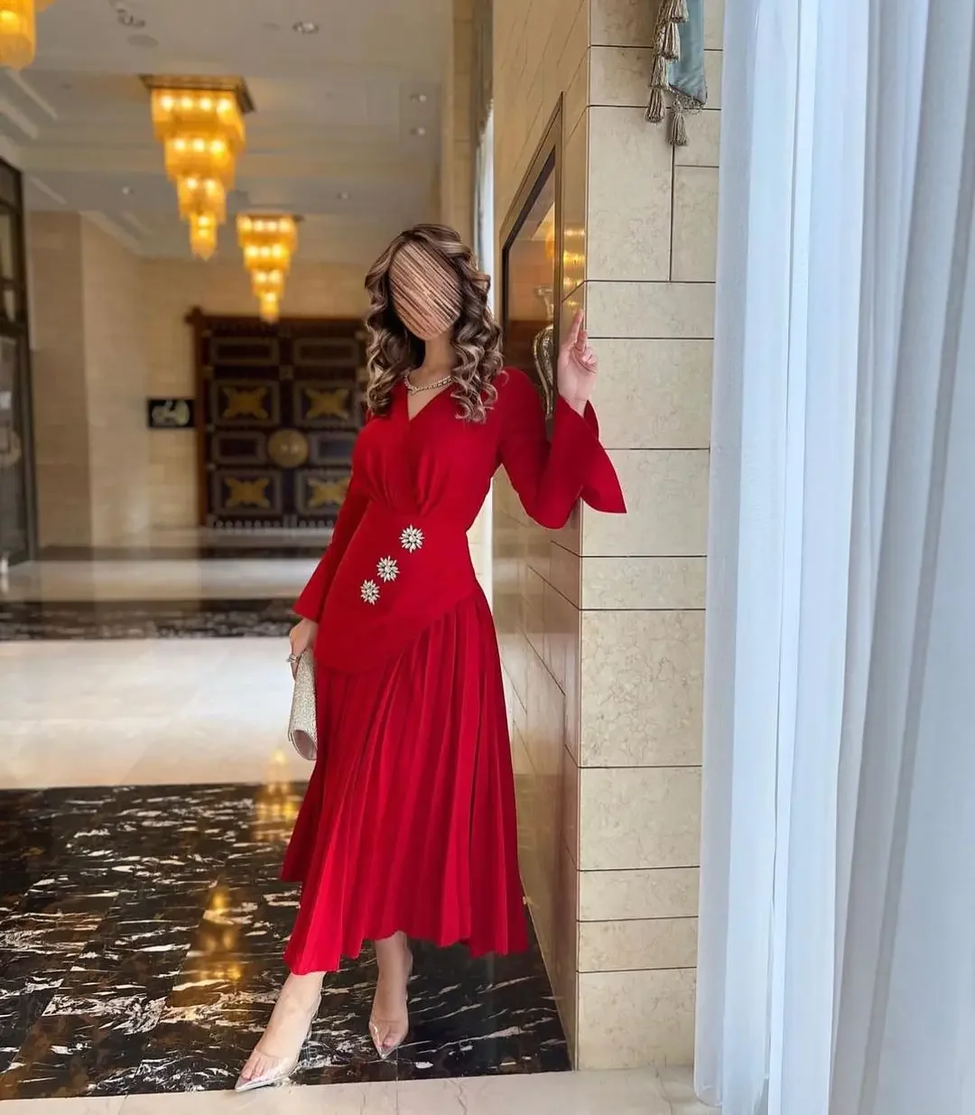 Top Trends: Saudi Arabia Prom Dresses Red Long Sleeves Evening Dresses V Neck Crystals Ankle Length Pleated Formal Women Party Dresses Shoppable Styles