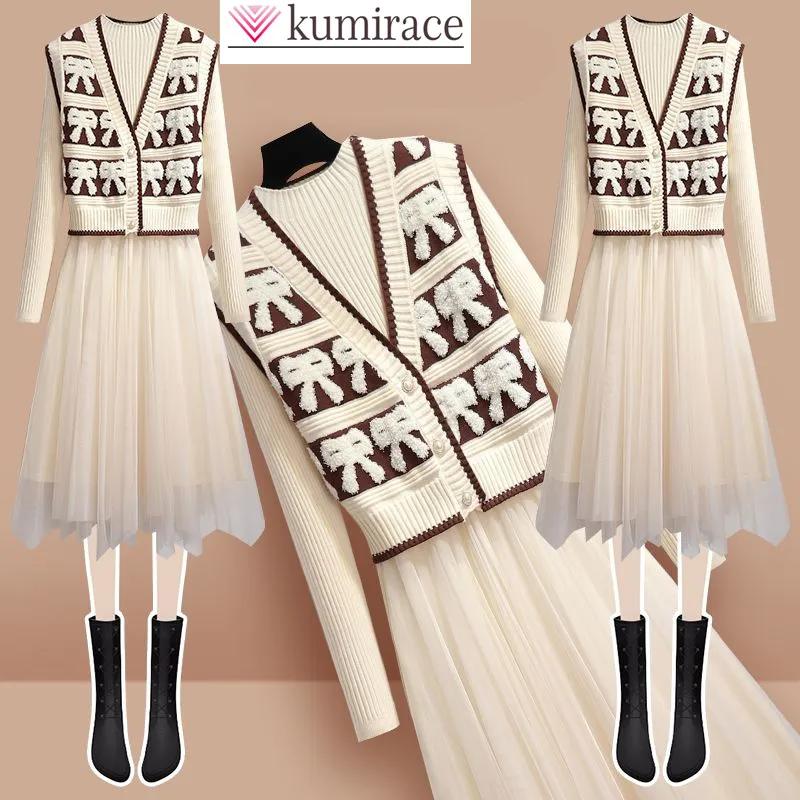 Top Trends: 2023 Autumn New Bow Knitted Sweater Cardigan Pleated Mesh Long Sleeve Dress Two Piece Elegant Women&#039;s Dress Set Winter Outfits Shoppable Styles