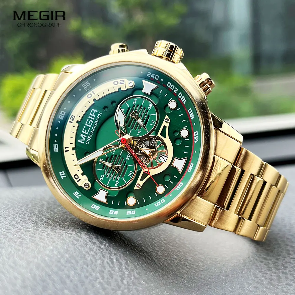 Top Trends: MEGIR Gold Green Quartz Watch For Men Fashion Stainless Steel Chronograph Luminous Wristwatch With Auto Date 24-hour Waterproof Shoppable Styles