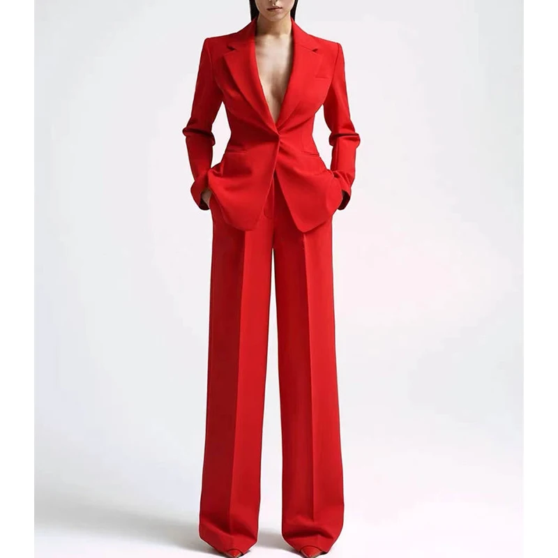 Top Trends: Women‘s Tailor Set Red Sex Suit Elegante V-Neck Blazer And Wide Leg Pants Set Broek Plus Maat Twee Stuk Tailleur Femmes Ensemble Shoppable Styles