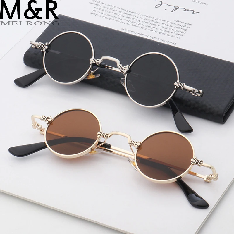 Top Trends: MEIRONG Small Round Sunglasses Women Men UV400 Metal Brand Designer Punk Sun Glasses Steampunk Vintage Goggles Black Shades Shoppable Styles