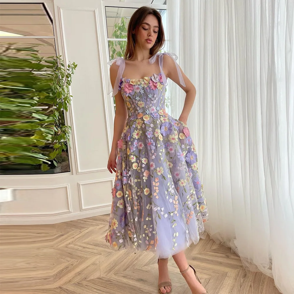 Top Trends: Sevintage Lavender 3D Flowers Floral Tulle Prom Dresses Strapless Bow Straps Tea-Length A-Line Evening Gowns Formal Party Dress Shoppable Styles