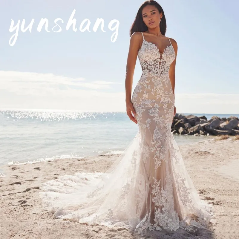 Top Trends: Yunshang Lurxury Mermaid Wedding Dress Women Lace Open Back Spaghetti Straps Sweetheart Bridal Gown Sweep Train Vestido De Novia Shoppable Styles