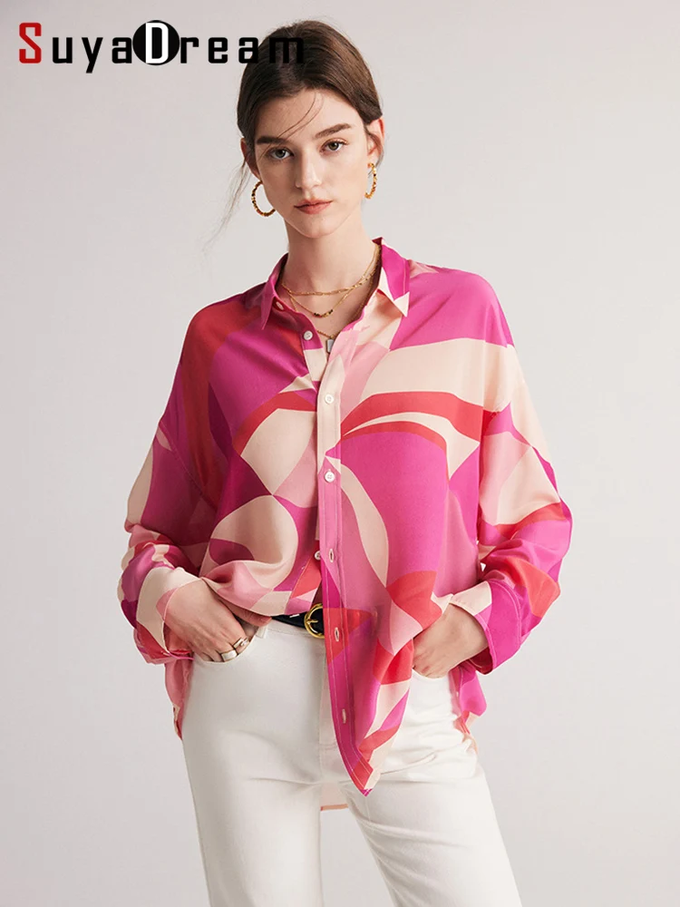 Top Trends: SuyaDream, Women Printed Shirts, 100% Silk Crepe De Chine, Single Breasted, Loose Chic Blouses, 2024 Spring Summer Office Lady Top Shoppable Styles